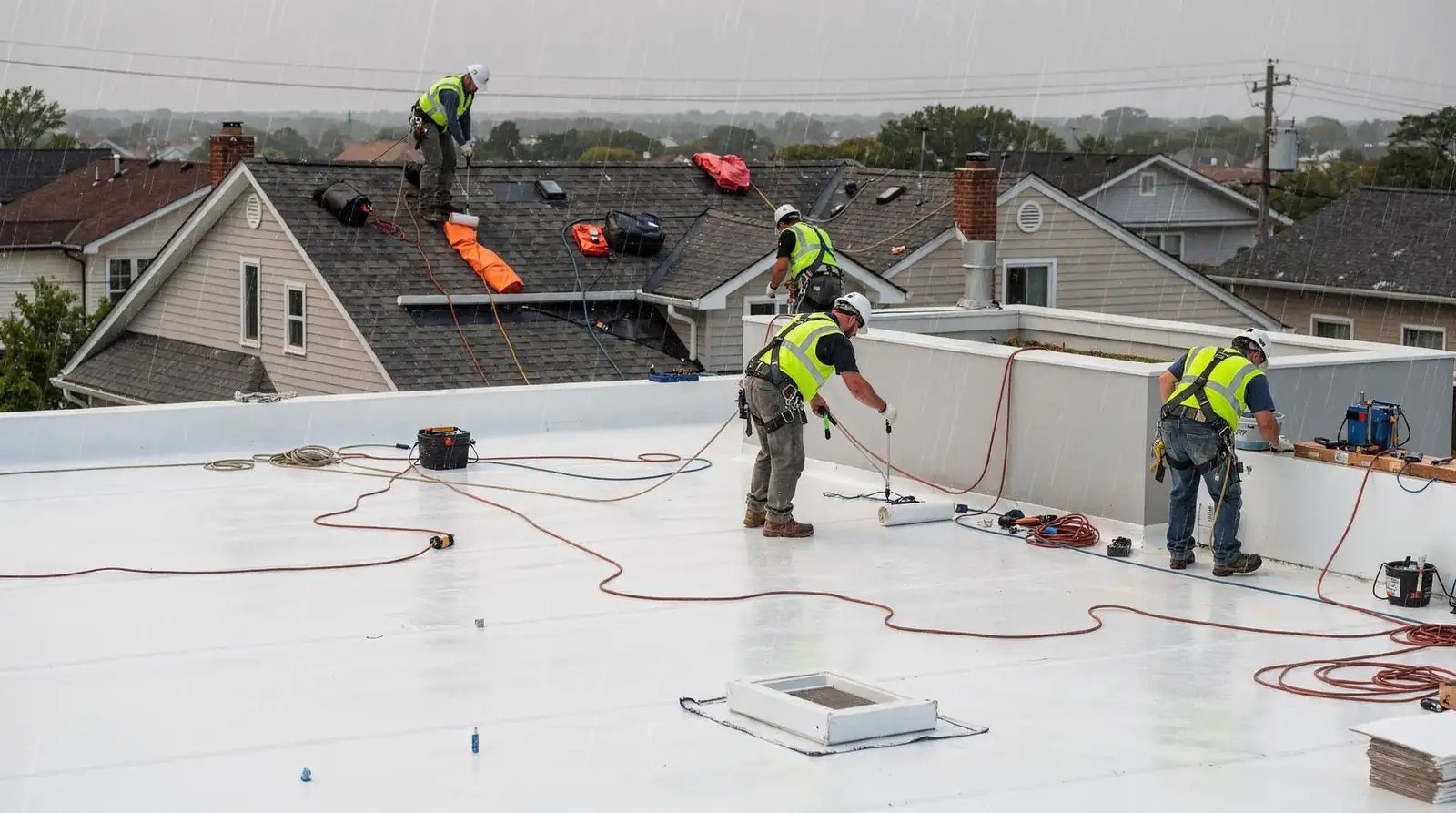 Roofing crew applying a coating to a white flat commercial roof in wind-driven coastal rain in Atlantic City, NJ