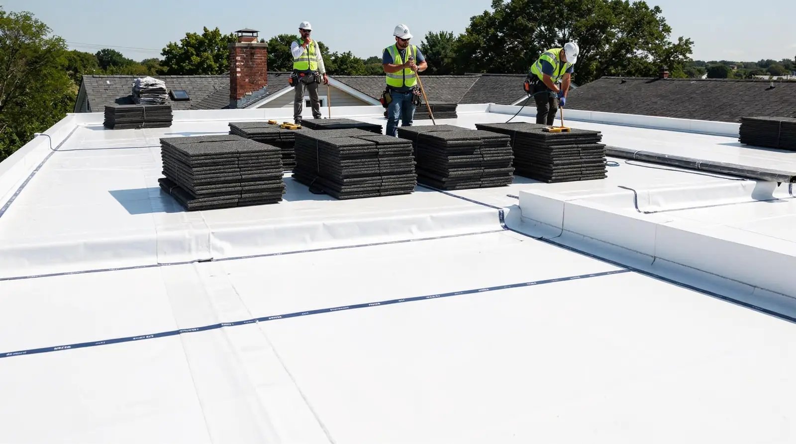 Licensed roofing crew installing a single-ply membrane flat roof system with stacked insulation boards on a commercial building