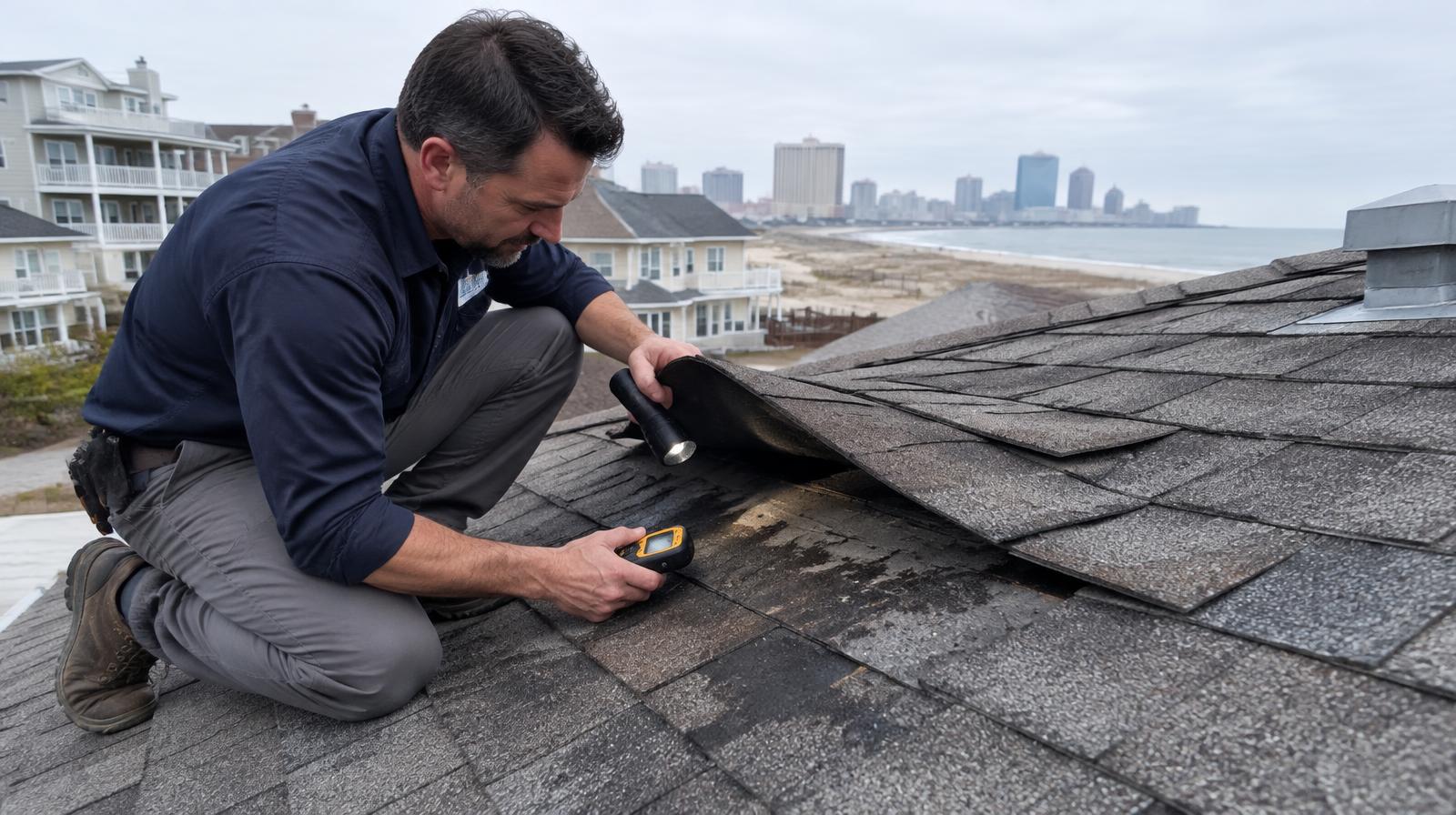 Roofer inspecting damaged shingles for the source of a roof leak on an Atlantic City home