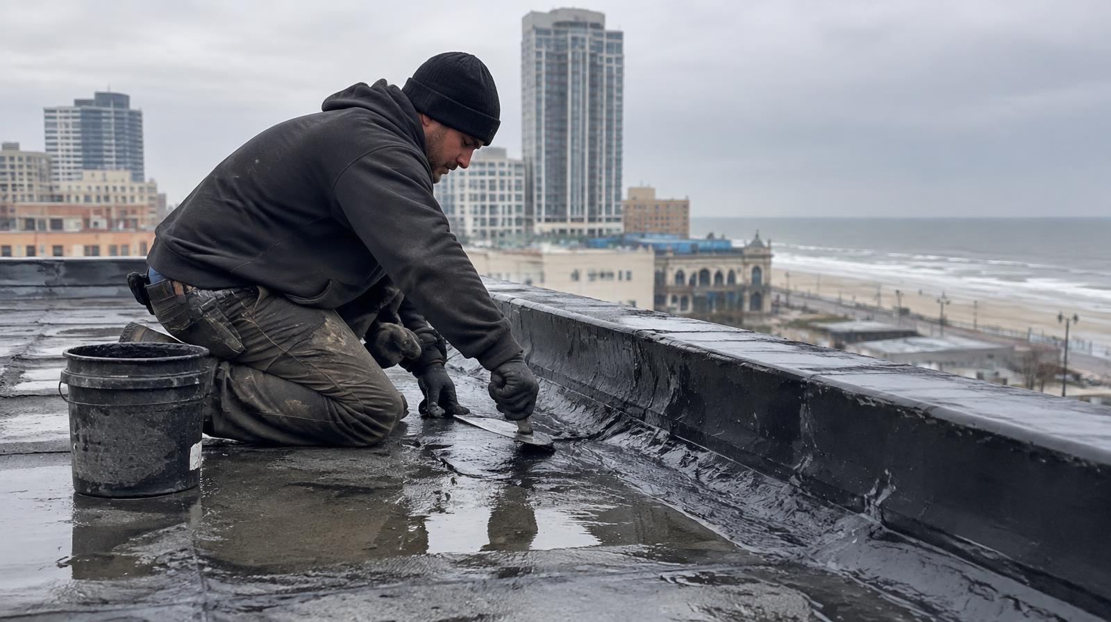 Roofer applying sealant to a leaking seam on a flat apartment roof in Atlantic City, NJ