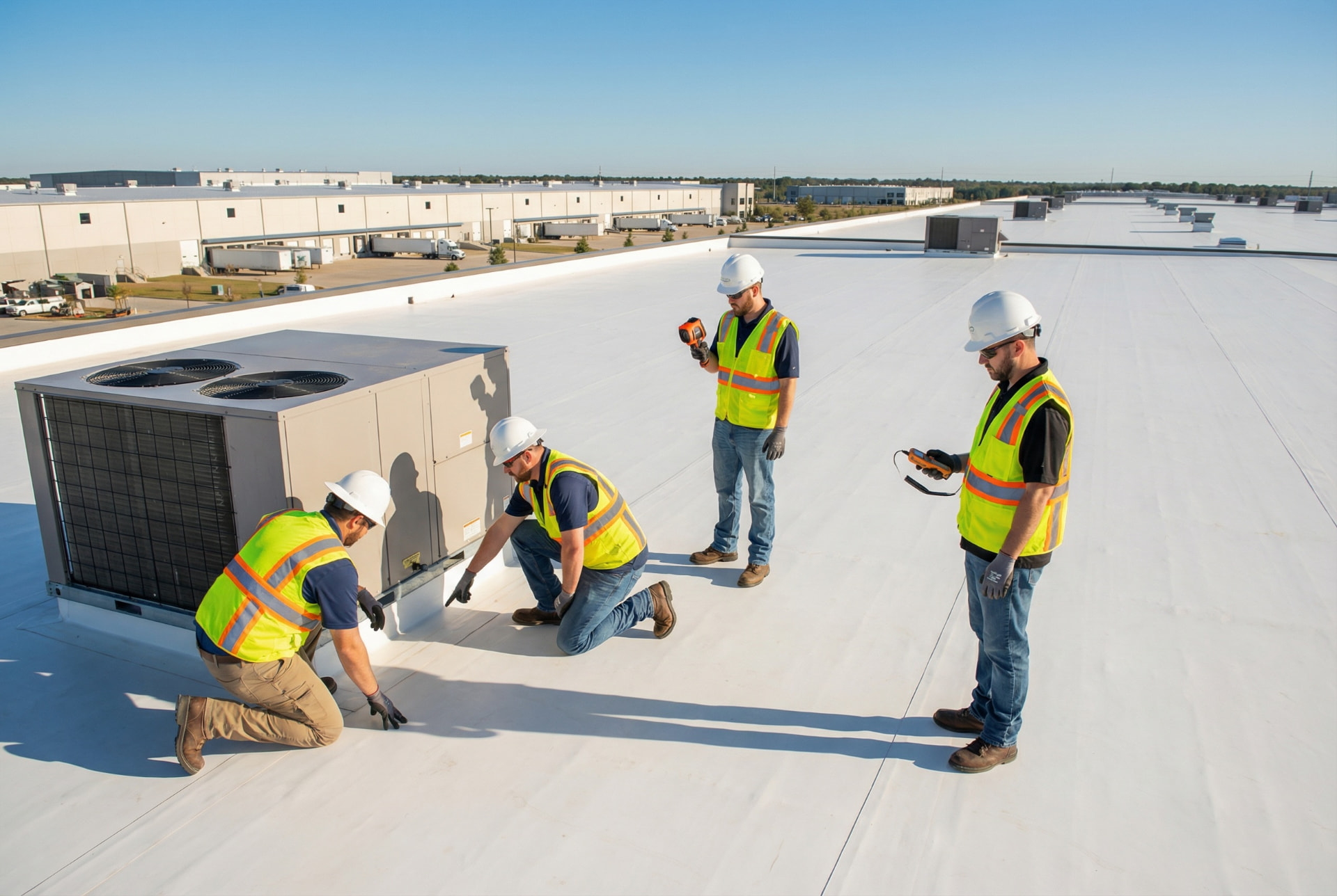 Licensed, insured roofing crew in safety gear inspecting flashing around rooftop HVAC units on a white commercial flat roof