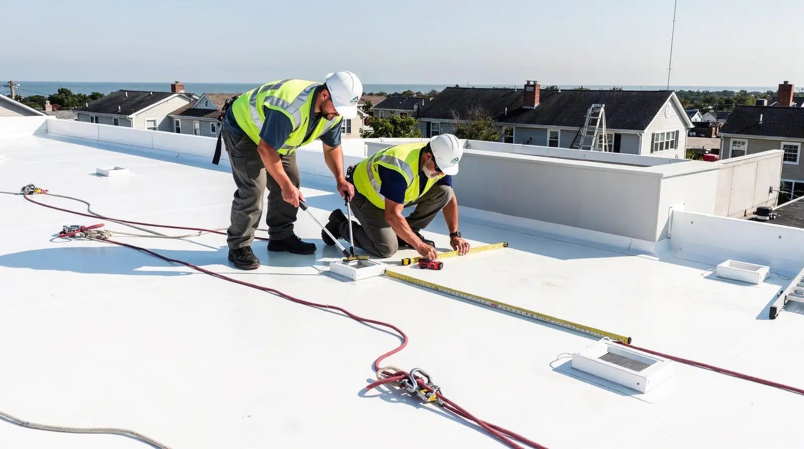 Two roofing technicians measuring and inspecting a white commercial flat roof near the ocean in Ventnor City, NJ
